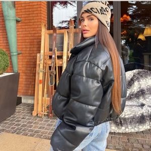 NWT ZARA BLACK FAUX LEATHER PUFFER JACKET